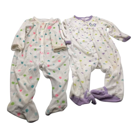 Lot Of 2 Carter's Baby Girl Pajamas Size 9M Footed Sleeper Polka Dots & Hearts - Picture 1 of 15